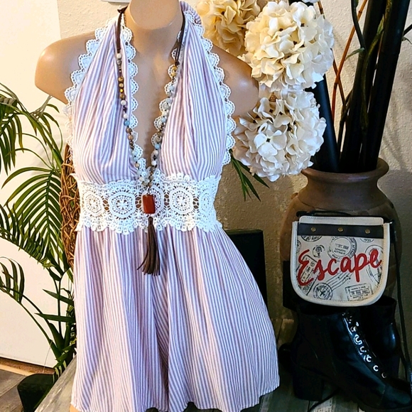 Sage Pants - NWOT SUMMER WHITE PURPLE LACE V NECK ROMPER MEDIUM